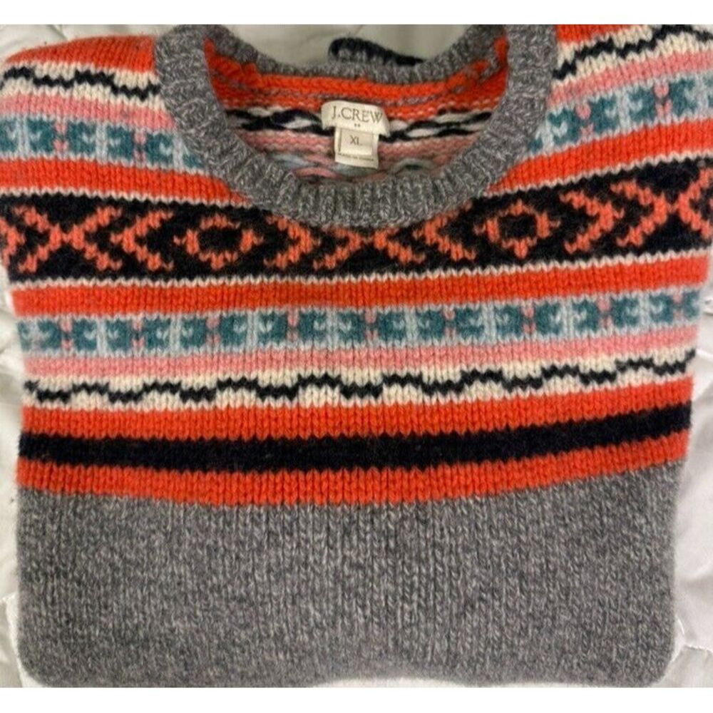 J.Crew Nordic Sweater Lambswool Fair Isle Apres Ski Childrens XL Grey Orange